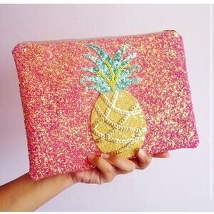 Suki Sabur Pink Glitter Pineapple Clutch Cosmetic Bag Pouch Paisley Lining